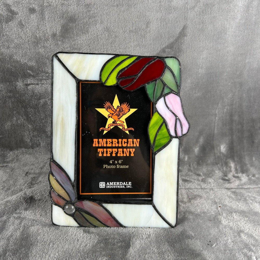 Amerdale American Tiffany Stained Glass Floral Butterfly 4x6 Photo Frame